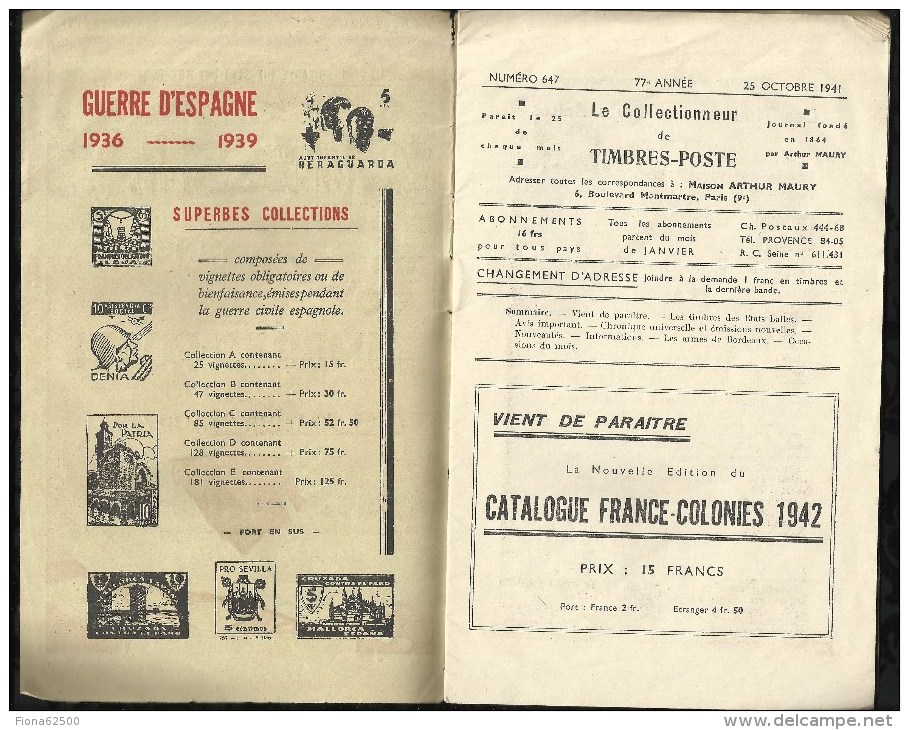 CATALOGUE . ARTHUR MAURY .  LE COLLECTIONNEUR DE TIMBRES - POSTE . N°  647 . 25 OCTOBRE1941 . - Storia Postale