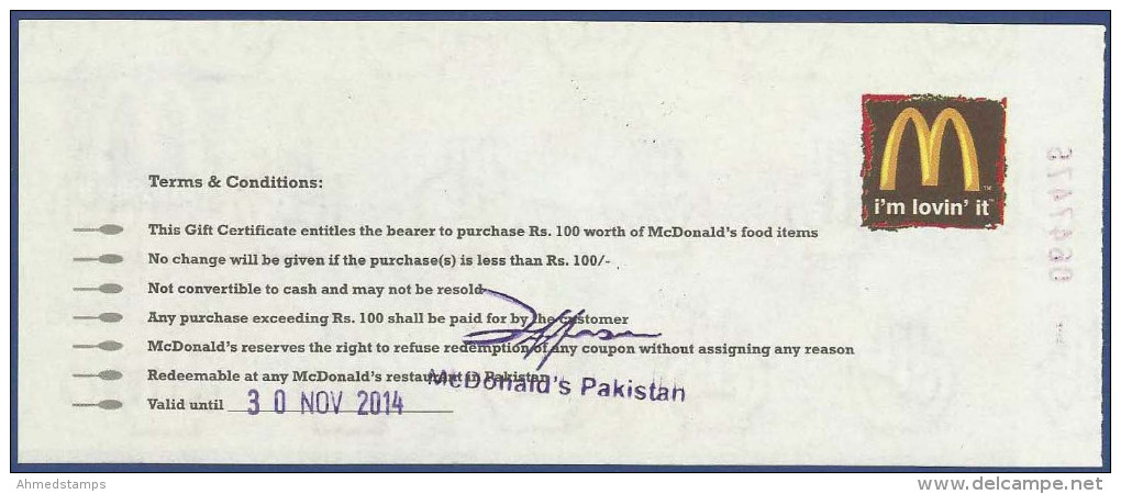 McDonald´s Gift Certificate For Rs 100 Unused - Other & Unclassified