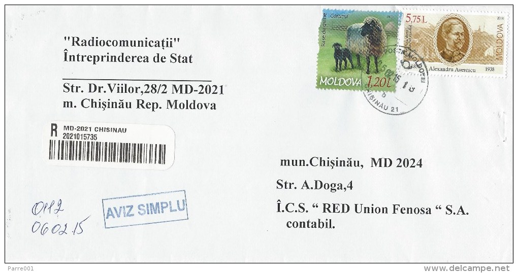 Moldova Moldovei 2015 Chisinau Caracul Sheep Farm General Military Politician Barcoded Registered AR Domestic Cover - Moldavië