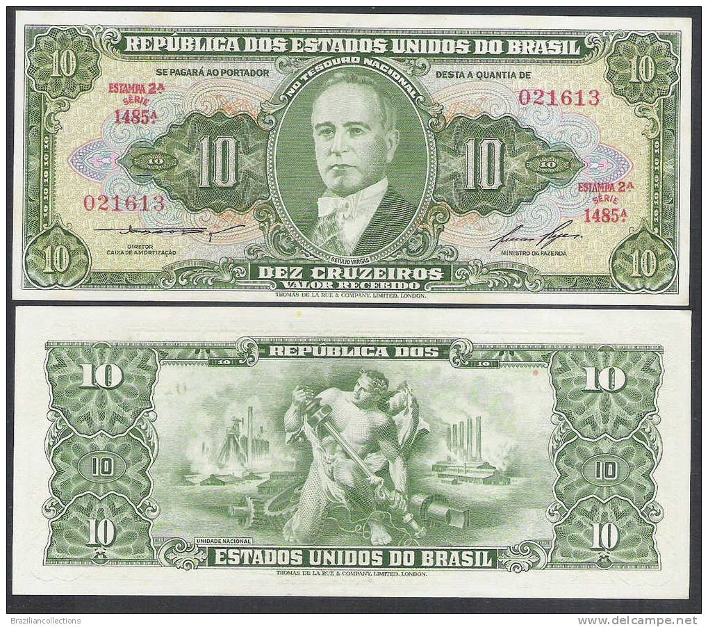 P.159d - Brazil, 10 Cruzeiros, Valor Recebido, Estampa 2a, 1958, UNC. Getulio Vargas. - Brésil