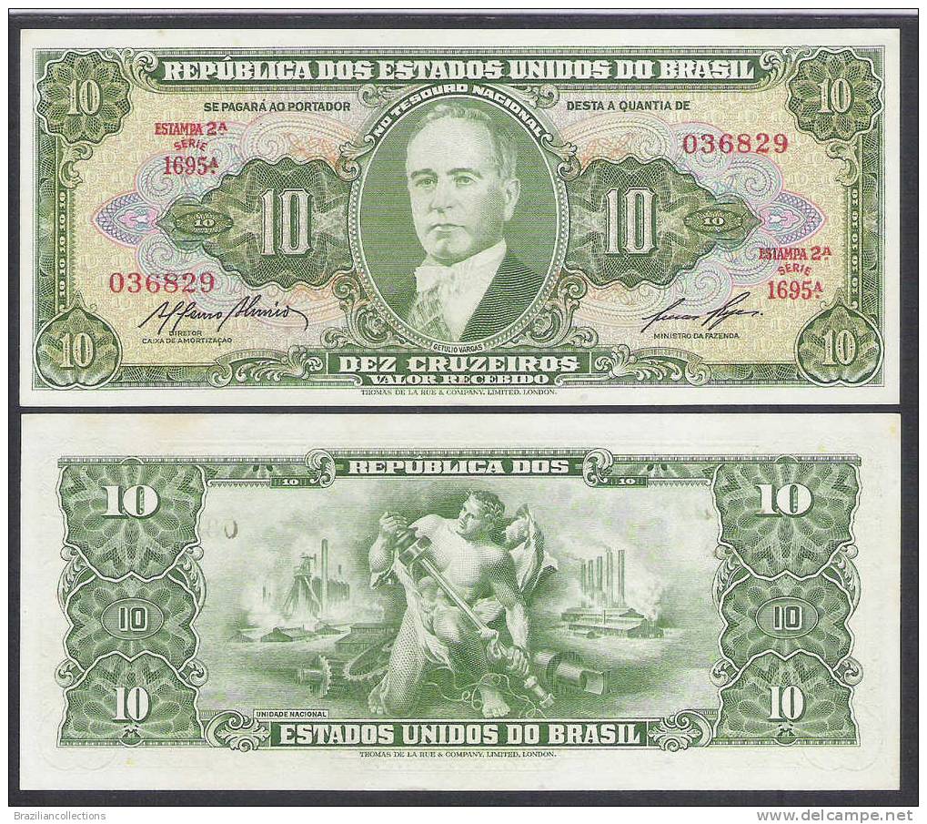 P.159e - Brazil, 10 Cruzeiros, Valor Recebido, Estampa 2a, 1959, UNC. Getulio Vargas. - Brésil