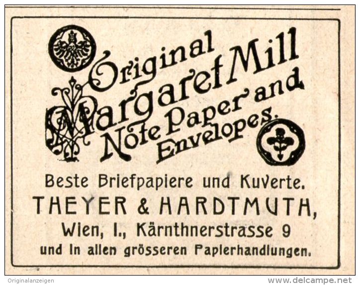 Original-Werbung/ Anzeige 1913 - MARGARET MILL NOTE PAPER & ENVELOPES / THEYER & HARDTMUTH WIEN - Ca. 55 X 40 Mm - Werbung