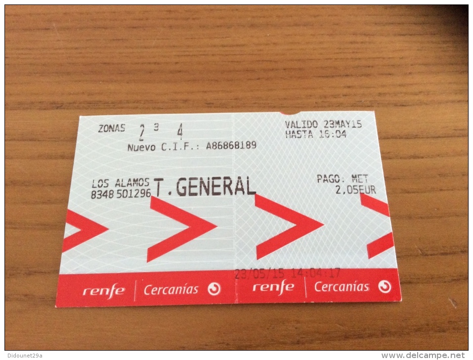 Ticket De Transport T.GENERAL, Renfe/Cercanias (Espagne) Type 3 - Europe