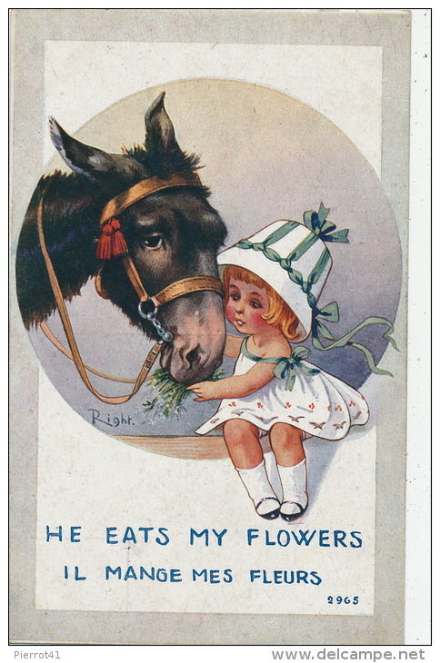 ENFANTS - LITTLE GIRL - ANE - Jolie Carte Fantaisie Fillette Et âne " He Heats My Flowers" Signée RIGHT - Right