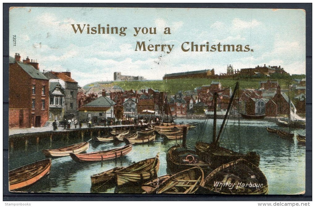 1910 Whitby Harbour 'Wishing You A Merry Christmas' Postcard - Switzerland - Whitby