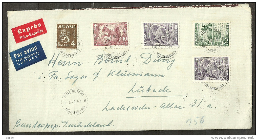 FINLAND YVERT 401/403, MICHEL 418/420 ON EXPRESS  LETTER TO GERMANY. ANIMALS - Brieven En Documenten