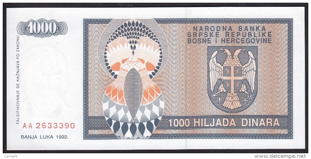 Bosnia & Herzegovina 1000 Dinara 1992 P137 UNC - Bosnia Y Herzegovina