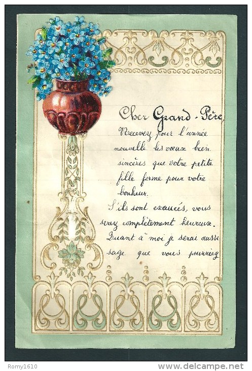 Lettre De Voeux Manuscrite. Bords Dorés En  Relief. Collage  Bouquet De Myosotis. Ecrite à Dison En 1936. - Collections