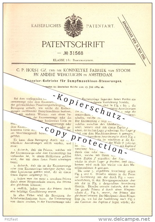 Original Patent - C. P. Holst GZ. Und Die Koninklyle Fabriek Van Stoom In Amsterdam , 1884 , Getriebe , Dampfmaschinen ! - Historische Dokumente