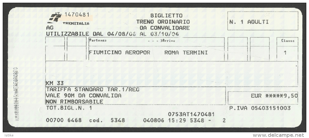 Italy, Trenitalia Ticket,Fiumicino Airport To Roma Termini, 2006. - Europe