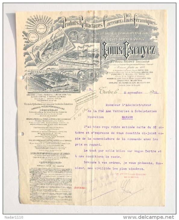 Lettre En-tête De PRODUITS REFRACTAIRES CARREAUX & PAVÉS CÉRAMIQUES ESCOYEZ De TERTRE Vers VERRERIES De MANAGE, 1912 - 1900 – 1949