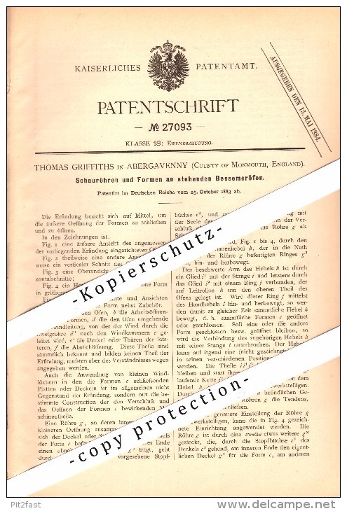 Original Patent - Thomas Griffiths In Abergavenny , Monmouthshire , 1883 , Furnaces For Iron Production !!! - Monmouthshire