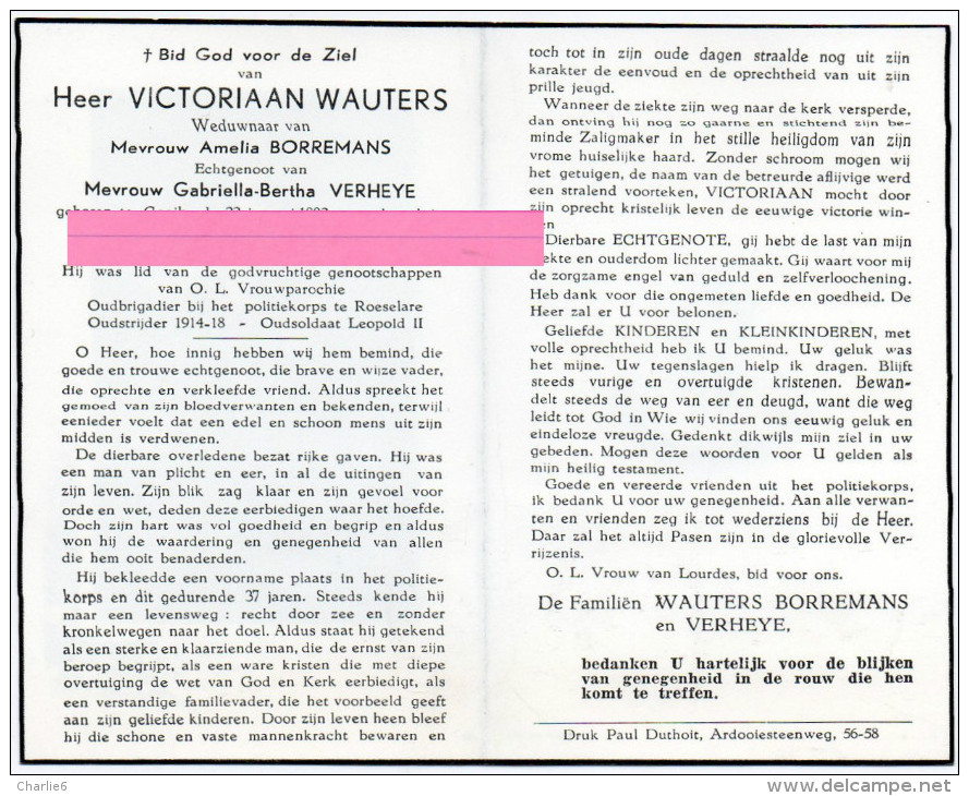 Wauters Victoriaan Borremans Verheye Gooik 1882    Bidprentje Doodsprentje - Religión & Esoterismo