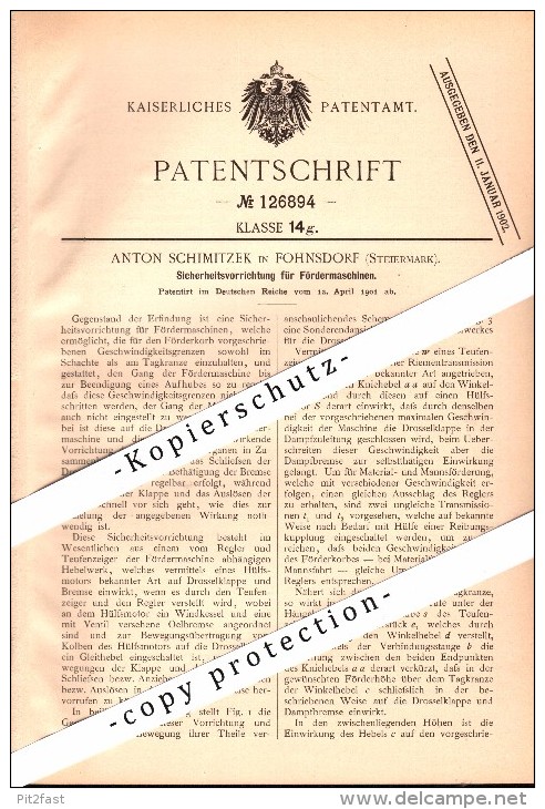 Original Patent - Anton Schimitzek In Fohnsdorf , Steiermark , 1901 , Sicherheitsapparat Für Fördermaschinen !!! - Judenburg
