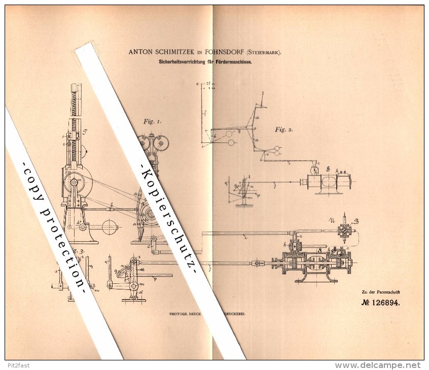 Original Patent - Anton Schimitzek In Fohnsdorf , Steiermark , 1901 , Sicherheitsapparat Für Fördermaschinen !!! - Judenburg