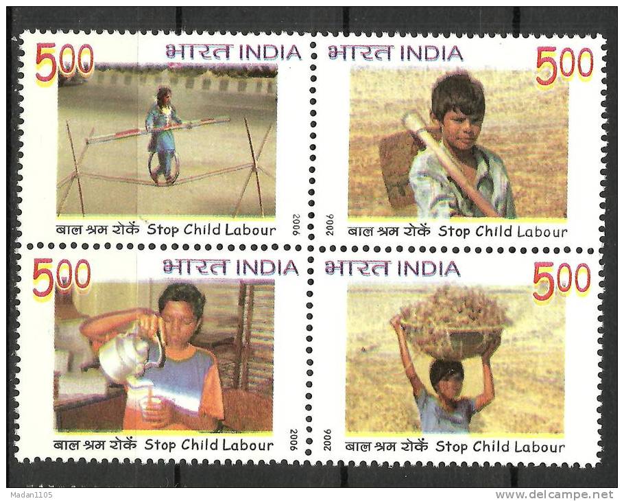 INDIA, 2006, Stop Child Labour Setenant Block Of 4,  MNH, (**) - Unused Stamps