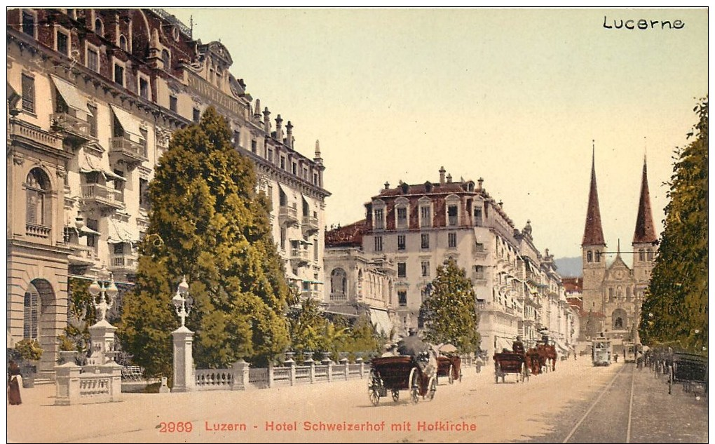 SWITZERLAND - LUZERN - LUZERN - HOTEL SCHWEIZERHOF MIT HOFKIRCHE - TRAM, HORSE-DRAWN CARRIAGES - VINTAGE ORIGINAL PC - Luzern