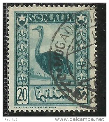 SOMALIA AFIS 1950 AFRICAN SUBJECTS SOGGETTI AFRICANI STRUZZO OSTRICH CENT. 20c USATO USED OBLITERE´ - Somalia (AFIS)