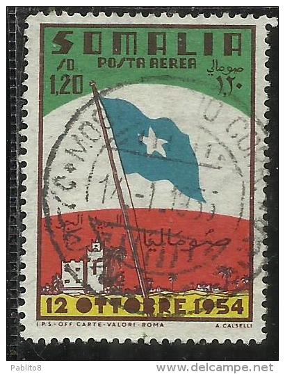 SOMALIA AFIS 1954 POSTA AEREA AIR MAIL SOMALI FLAG BANDIERA SOMALA 1,20 LIRE DRAPEAU DE LA SOMALIE USATO USED OBLITERE´ - Somalia (AFIS)