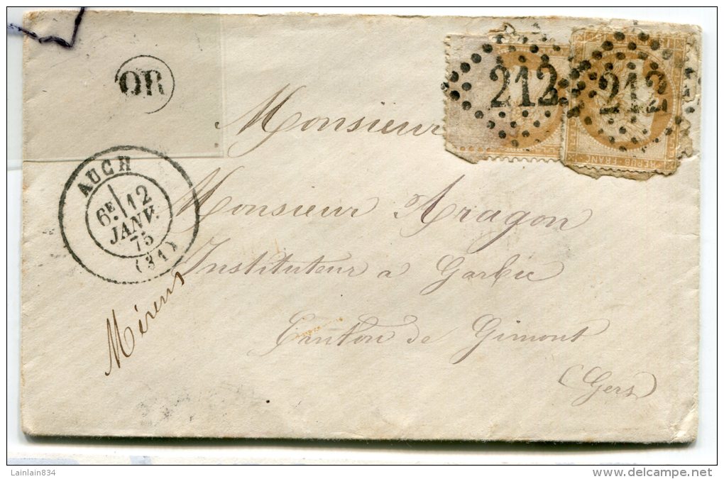 - Petite Enveloppe, Cachet Auch, 1875, 2 Losange 212, Pour Monsieur Aragon, Instituteur à Garbéc, Gimont, Gers, Scans - 1849-1876: Période Classique