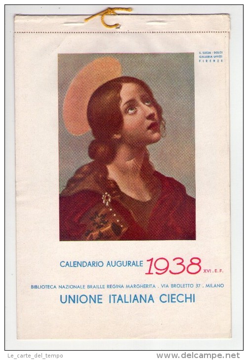 Calendario Augurale 1938. Unione Italiana Ciechi. Biblioteca Nazionale Braille Regina Margherita Milano. - Tamaño Grande : 1921-40