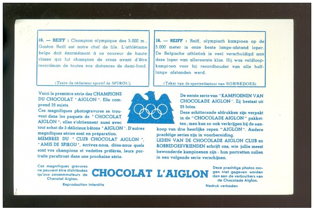 Chromo ( 4262 )  Chocolade  Chocolat  AIGLON -  Champion Olympique Gaston Reiff - Aiglon