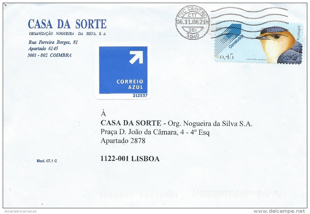 TIMBRES-  STAMPS- LETTRE - MARCOPHILIE- PORTUGAL - OISEAUX  HIRRONDELLE DAURICA - CACHET 06-11-2006- COIMBRA (CTC CENTRO - Zwaluwen