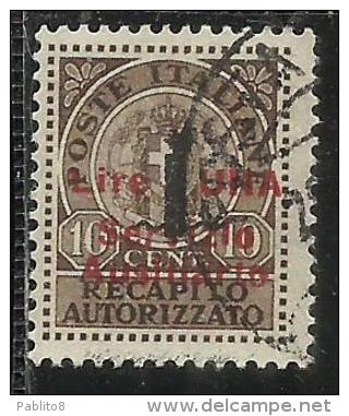 EMISSIONI LOCALI GUIDIZZOLO 1945 SERVIZIO AUSILIARIO RECAPITO AUTORIZZATO SOPRASTAMPA ROSSA LIRE 1 SU CENT.10 USATO USED - Local And Autonomous Issues