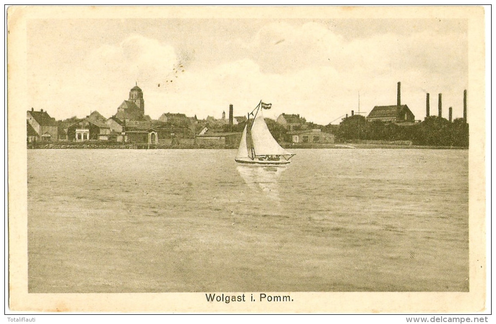 WOLGAST Pommern Stadt Panorama Vom Wasser Aus Segelboot Fabrik Schornsteine Ungelaufen Verlag Ernst Wiese - Wolgast