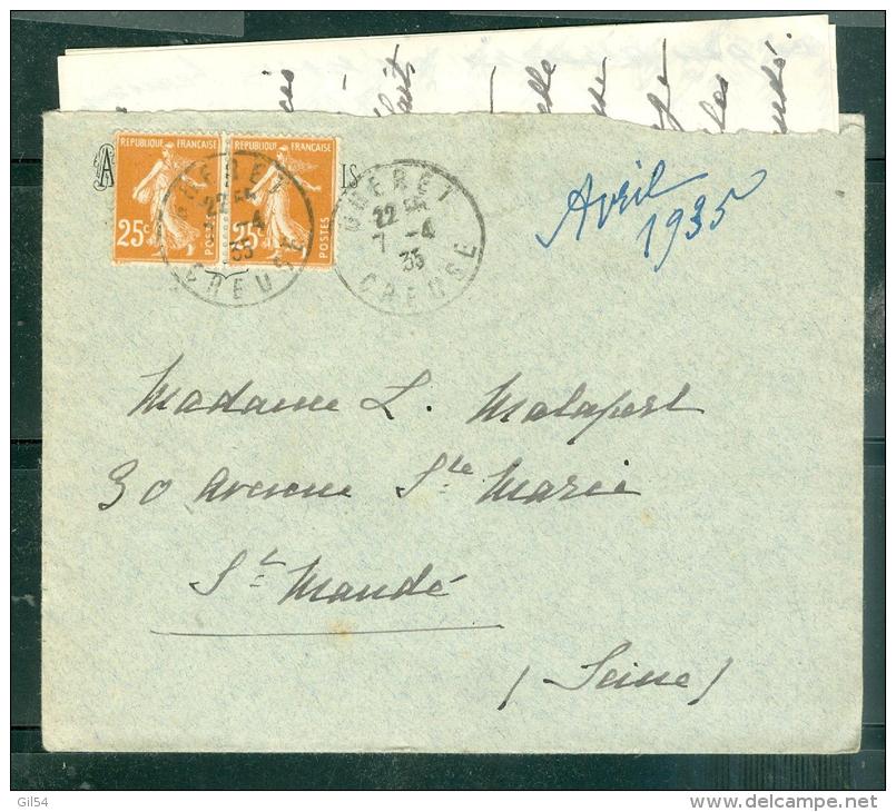 LETTRE  Affranchie Par Yvert N°235 X 2 , Oblitéré Cad Gueret  - Creuse  En 1935  Am10105 - Cartas & Documentos