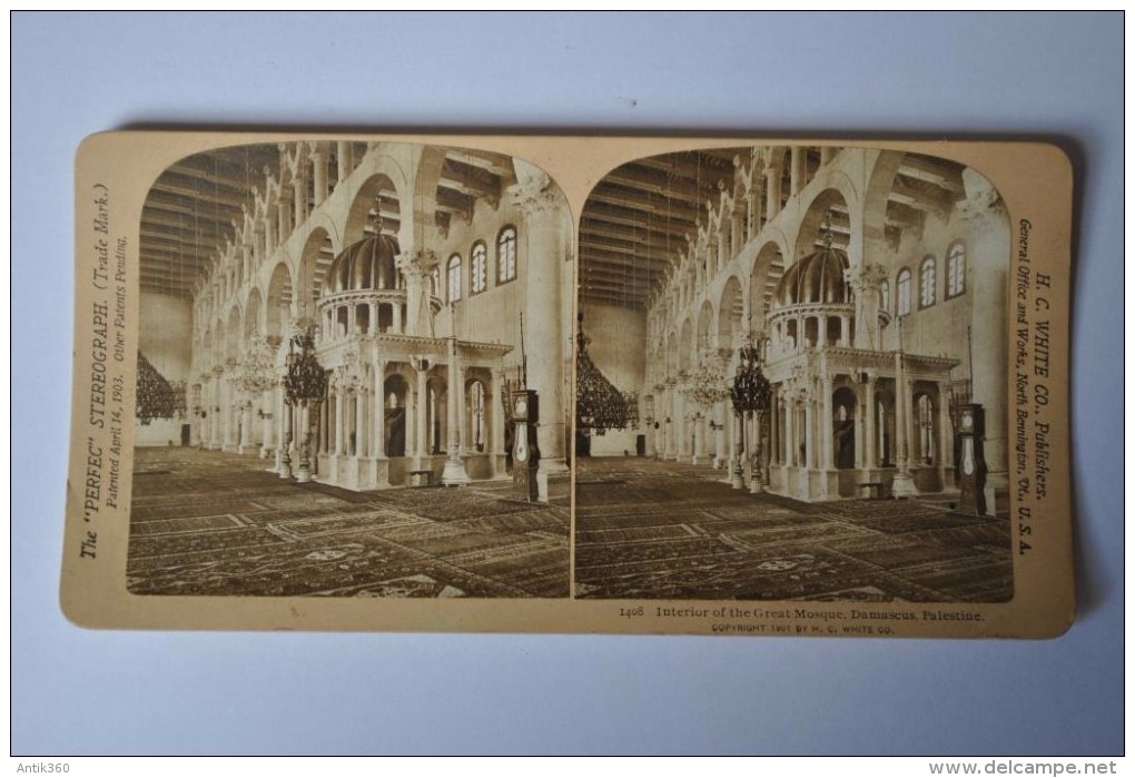 Photographie XIXème Vue Stéréoscopique Interior Of The Great Mosque Damascus, Palestine - Photos Stéréoscopiques