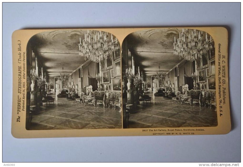 Photographie XIXème Vue Stéréoscopique The Art Gallery Royal Palace Stockholm , Sweden - Stereoscopic