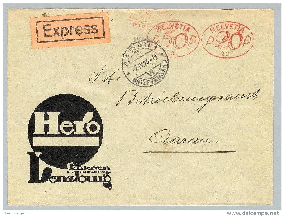 MOTIV Lebensmittel 1925-04-02 Express-Brief Frei-O Hero Conserven Lenzburg - Frankiermaschinen (FraMA)