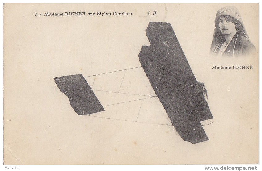 Aviation - Femme Aviatrice Pilote - Mme Richer Sur Son Biplan Caudron - Early Aviation - RARE - Aviatori