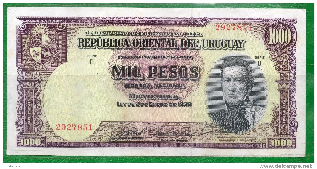 8 URUGUAY -Emitidos Desde 1939 A 1966- Bill. Nº 40-Bco. República O.del Uruguay-1 Bill. De 1000 - Uruguay