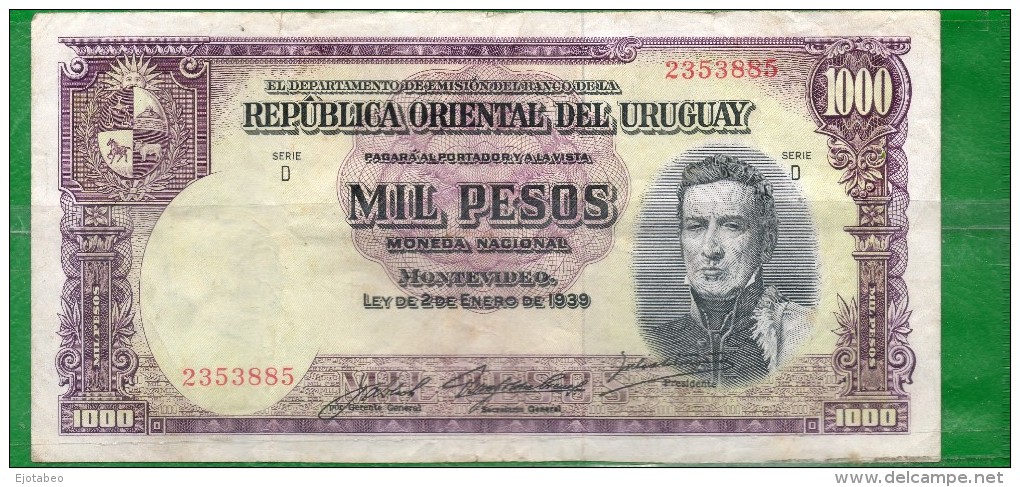 5 URUGUAY -Emitidos Desde 1939 A 1966- Bill. Nº 40-Bco. República O.del Uruguay-1 Bill. De 1000 - Uruguay