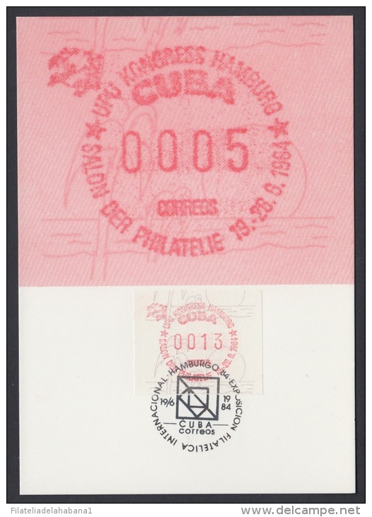 FRAMA-5 CUBA. 1984. FERIA INTERNACIONAL DEL SELLO. HAMBURGO. GERMANY. ALEMANIA. TARJETA ESPECIAL 13c. INTERNATIONAL STAM - Franking Labels