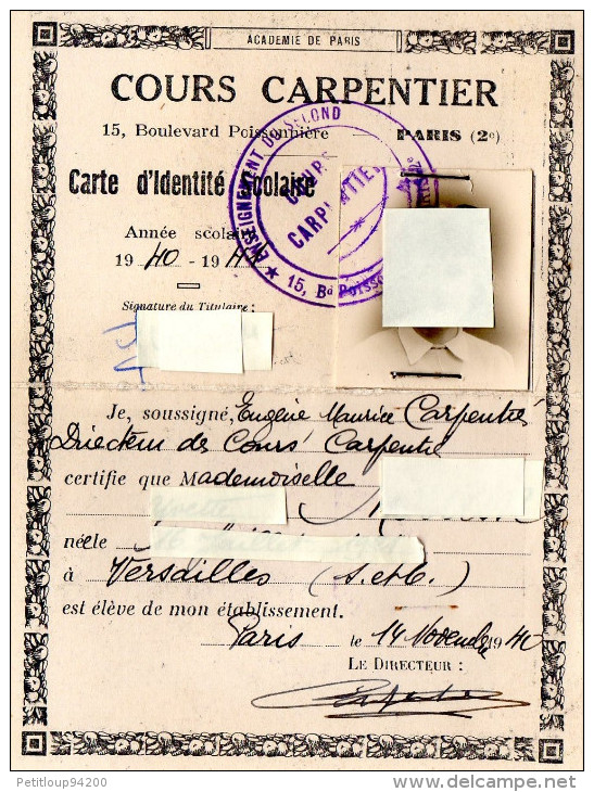 CARTE D'IDENTITE   COURS CARPENTIER   Enseignement Secondaire Libre  1940/1941  PARIS - Tarjetas De Membresía