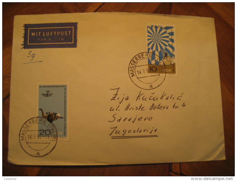 Masserberg 1966 To Sarajevo Yugoslavia Parachutting Leipzig World Championships Stamp Cover DDR Germany - Parachutisme