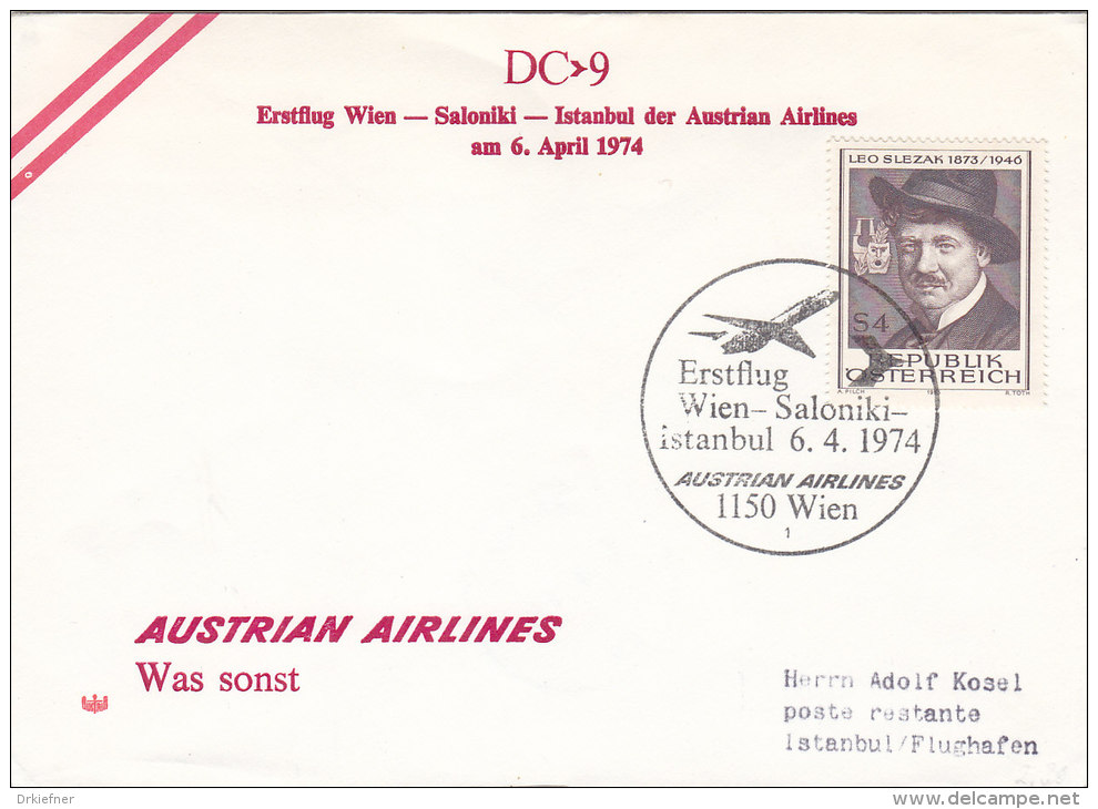 ÖSTERREICH Erstflug Wien - Saloniki - Istanbul, AA, Mit DC 9, Wien 6.4.1974 - Premiers Vols