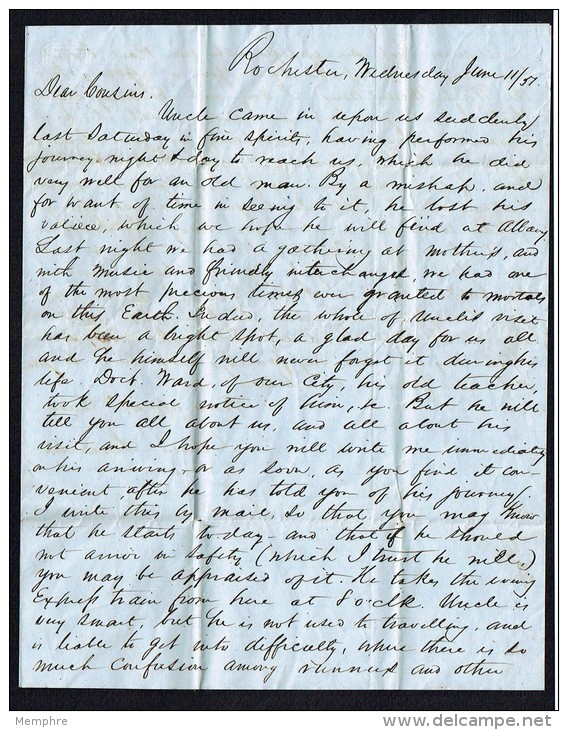 1851  Folded Letter  Red Rochester NY 10 To Livingston Corner ME -  Family - …-1845 Préphilatélie