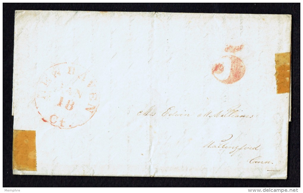 1848  Folded Letter  Red  New Haven CT  Large Red 5 Rate  To  Wallingford  CT -  Family - …-1845 Vorphilatelie