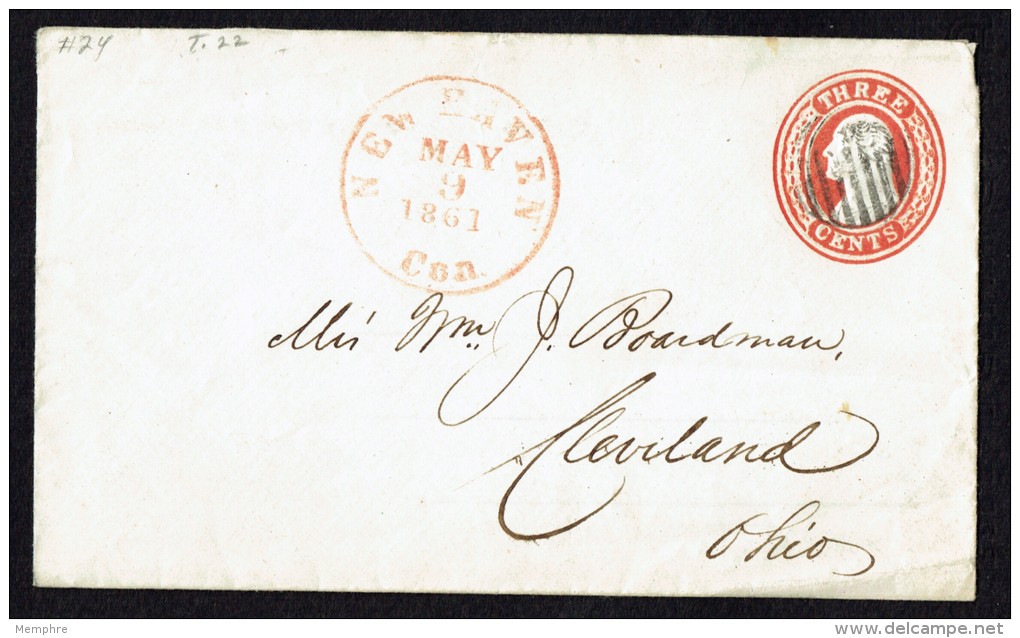 1861  Threee Cent Washington Prestamped Envelope New Haven CT To Cleveland OH    Sc U5   CV $900 - ...-1900