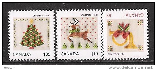 CANADA, 2013,  #2689i-90i-91i,  CHRISTMAS  CROSS-STICHED   DIE CUT STAMPS FROM QUARTELY PACK MNH - Timbres Seuls