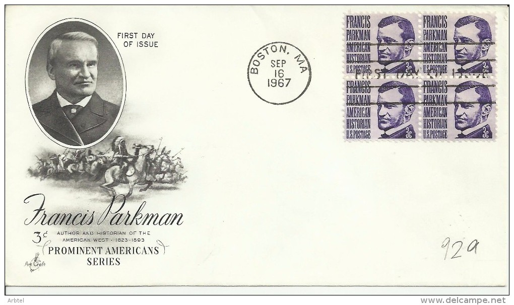 ESTADOS UNIDOS USA FDC 1967 BOSTON FRANCIS PARKMAN HISTORIADOR DEL OESTE INDIGENA - Indios Americanas