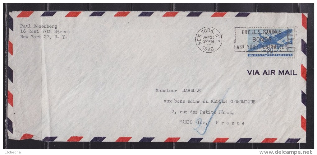 = Enveloppe Par Avion, De New-York 23.01.1946 à Paris, M...  Blocus économique Timbre USA Poste Aérienne - Lettres & Documents