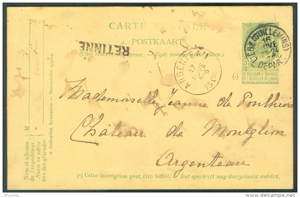 E.P. Carte 5 Centimes émission Armoirie Obl. Sc LIEGE (GUILLEMINS) Du 17 Novembre 1906 + Griffe De RETINNE Vers Argentea - Linear Postmarks