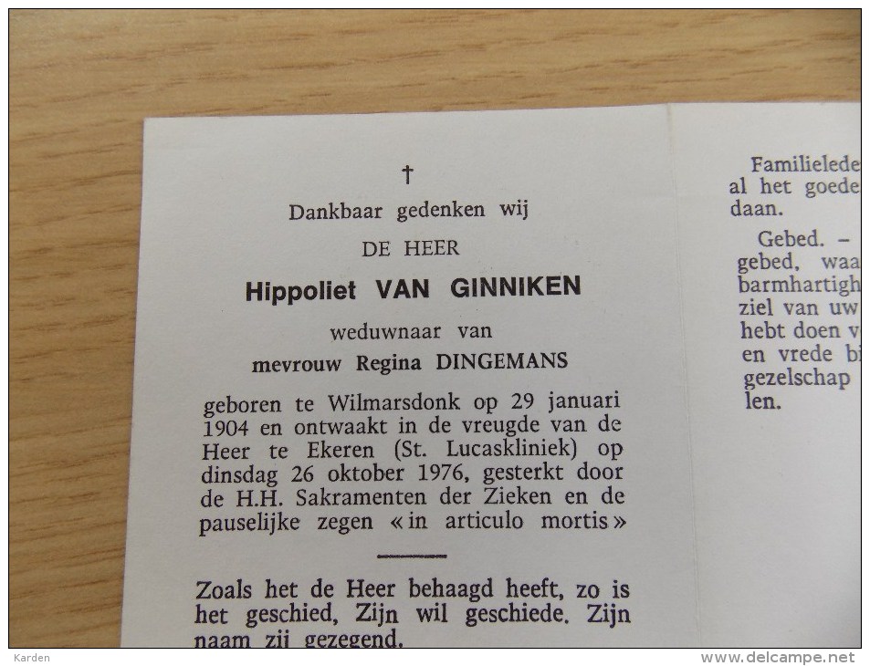 Doodsprentje Hippoliet Van Ginniken Wilmarsdonk 29/1/1904 Ekeren 26/10/1976 ( Regina Dingemans ) - Religione & Esoterismo