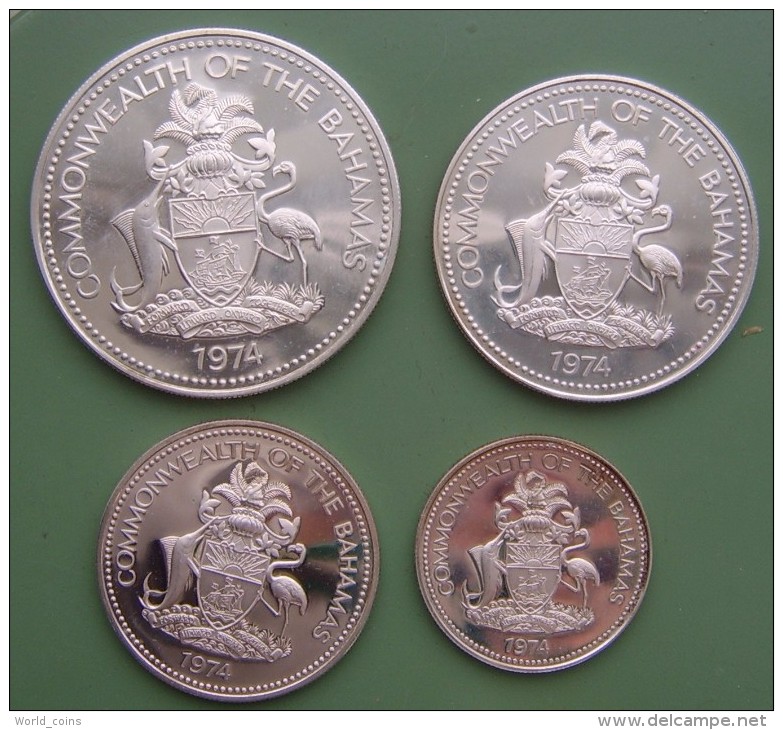 Bahamas, 1974, Set Of Coins Include Four Big Silver Coins,  Total Weight More Than 100 G - Bahamas