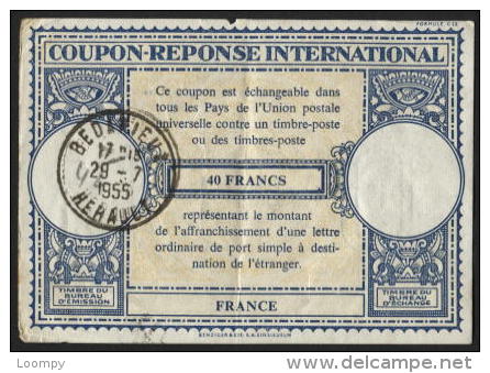 FRANCE - Coupon Réponse International 40fr Obl BEDARIEUX 1955 - International Reply Coupon Antwortschein - Coupons-réponse